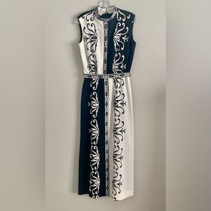 Vintage 70s Embroidered Black & White Maxi Dress by R&K Knits.